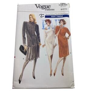 Vogue 7354 Miss Drop Waist Pleated Skirt Dress Pattern Sz 8-10-12 1988 FF Uncut